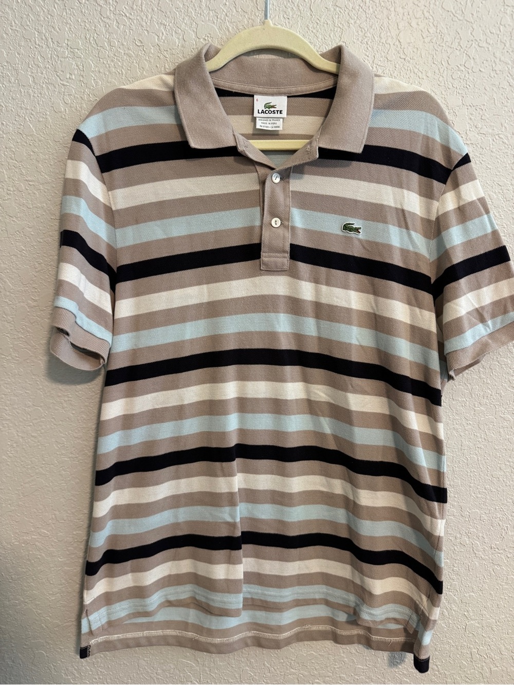Lacoste Men’s Striped Polo in Beige, Light Blue and Black